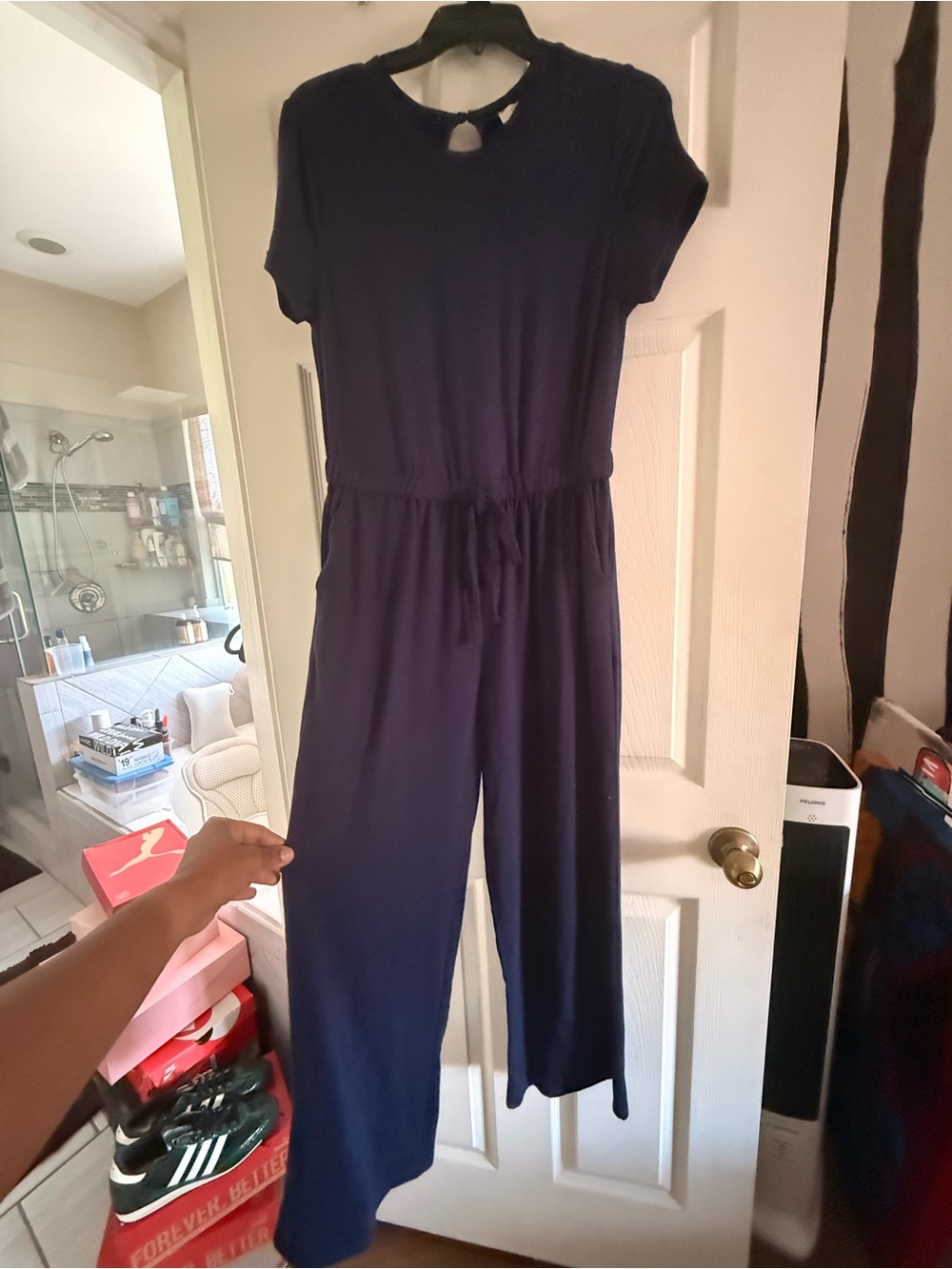 Women’s Navy Short-Sleeve Jumpsuit with Drawstring Waist